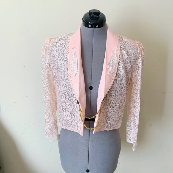 Vintage 90s Pink Lace Made in France Bolero Jacket Size Medium - Picture 2 of 10